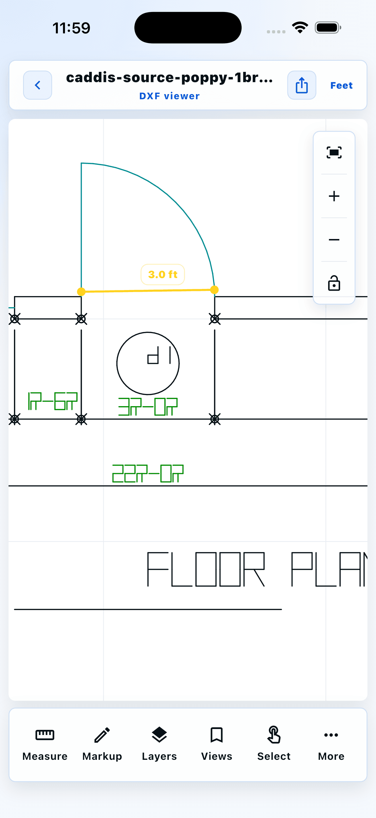 Caddis on iPhone showing a verified 3.0-foot measurement across a door opening in a CAD drawing