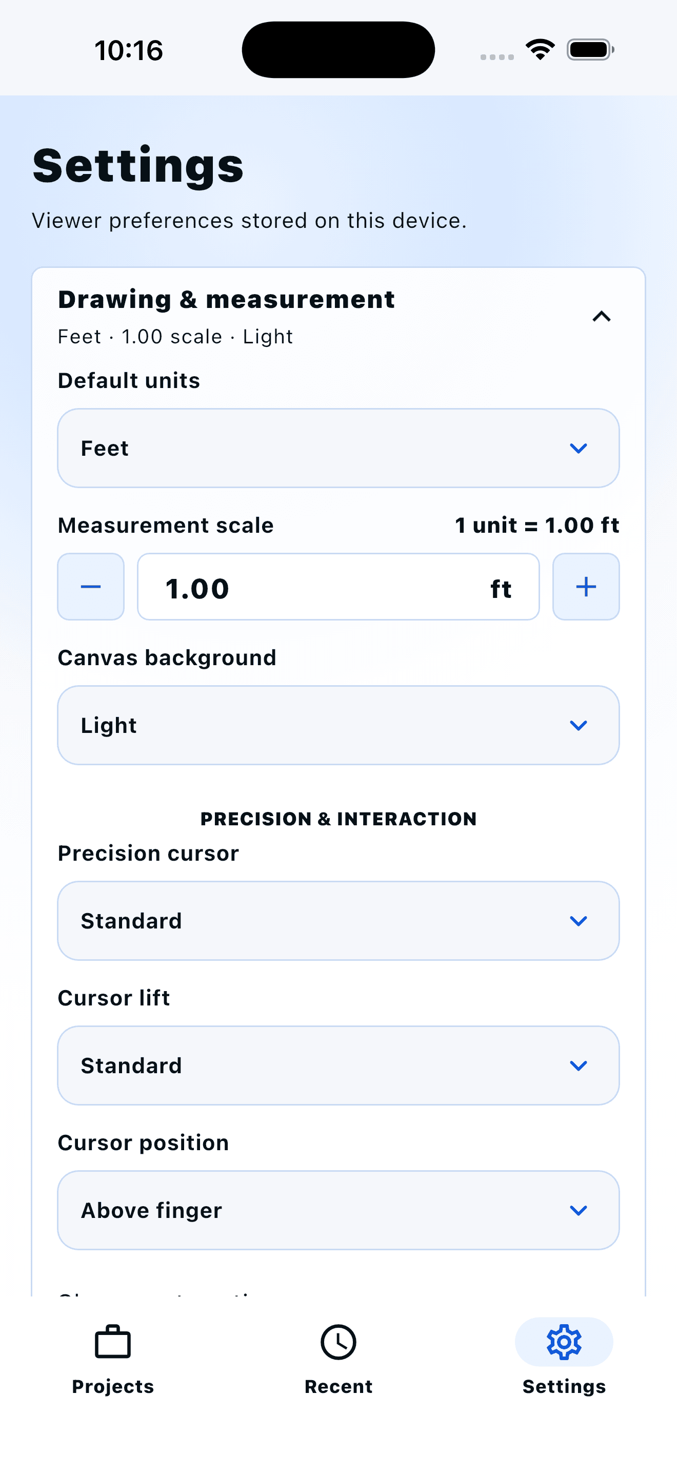 Caddis measurement settings on iPhone showing one drawing unit equals one foot