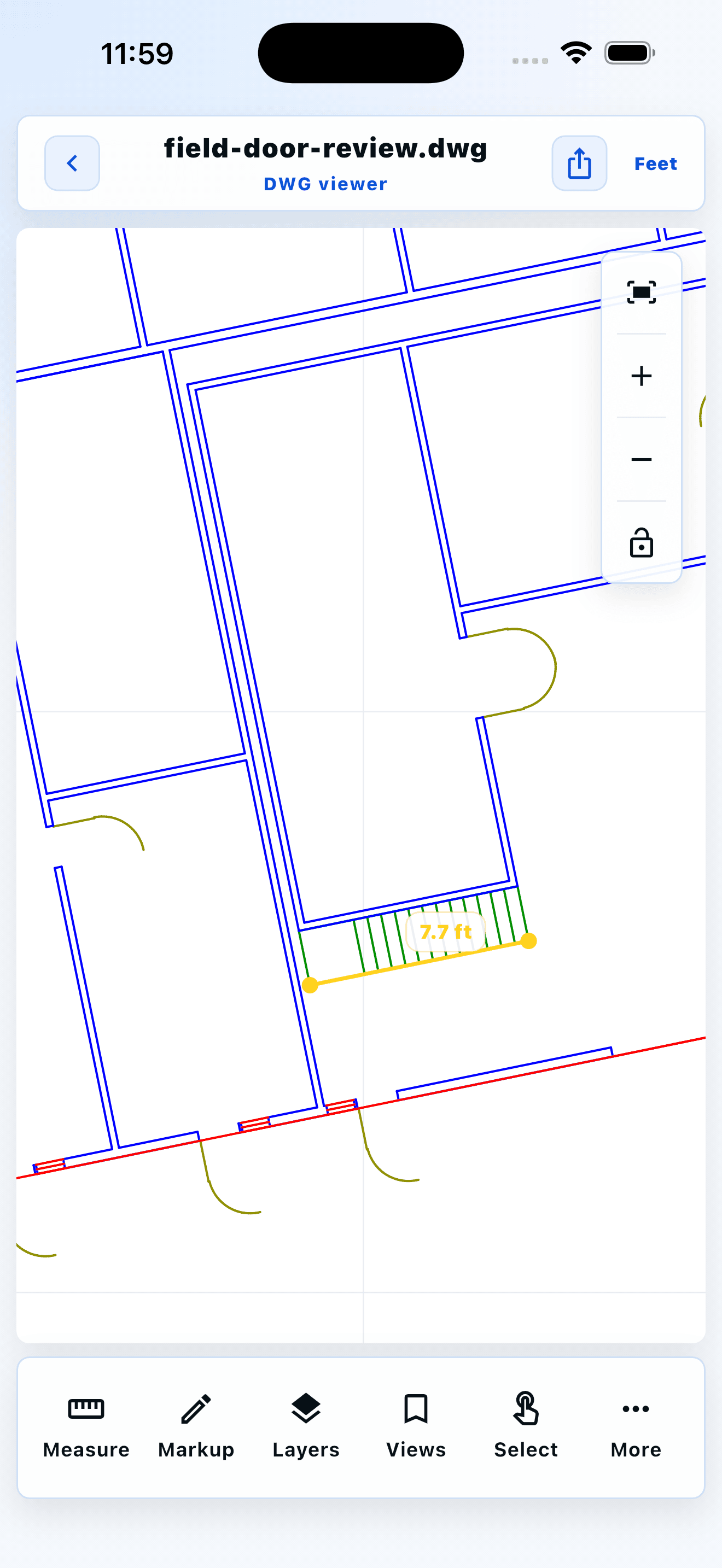 Caddis on iPhone measuring a 7.7-foot stair run in a DWG floor plan