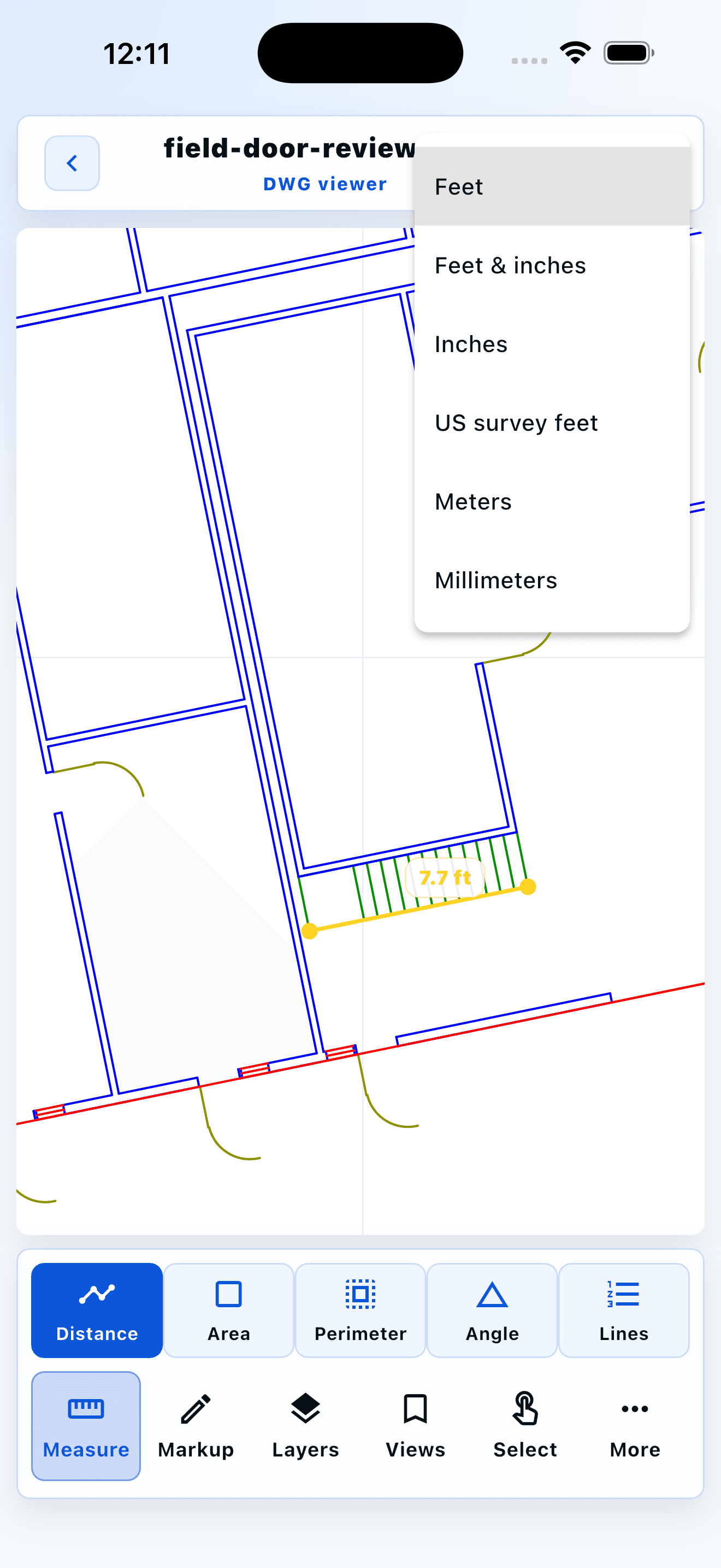 Caddis on iPhone with the Feet unit selector open while a 7.7-foot stair run is measured